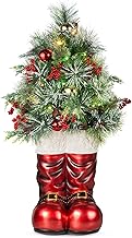 Best Choice Products 40in Santa Boots with Pre-Decorated Christmas Tree Greenery, Decoration for Home & Office, Hand-Painted Frosted Tips, Battery-Operated Lights
