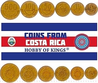 6 Coins from Costa Rica | Costa Rican Tico Coin Set Collection 5 10 25 50 100 500 Colones | Circulated 1997-2005 | Ship | Star | Volcano | Coffee Branch