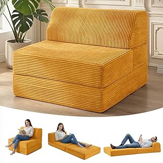 Kasunpul Folding Sofa Bed with Pillow, Memory Foam Fold Out Chair Bed, Convertible Sleeper Chair with Washable Cover, Futon Floor Couch for Living Room/Dorm/Guest Use/Home Office/Apartment,Orange