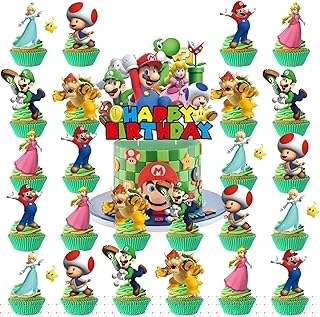 25PCS Mario Cake Toppers, Cartoon Cupcake Toppers, mario Themed Birthday Party Cake Decorations & Party Supplies