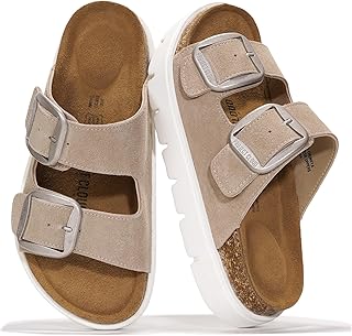 100% Genuine Leather Platform Sandals Women Footwear - Wedge Chunky Slides for Women 2026 with Memory Foam Insole & Cork Footbed Womens Sandals (GreeceChunky)