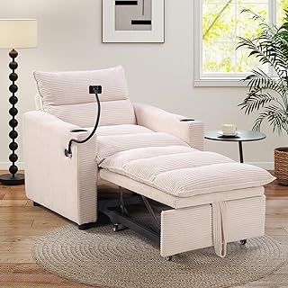 HAOMARKETS Corduroy Sleeper Sofa Bed with Cup Holders, 3-in-1 Convertible Pullout Futon Couch with Phone Holder&USB Charge Port, Single Armchair with 3-Level Adjustable Backrest for Apartment