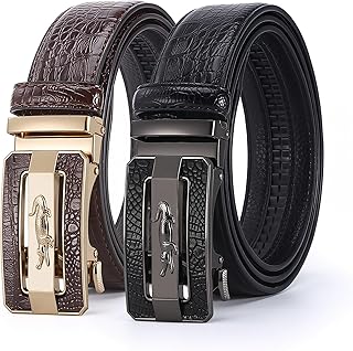 Luxury Crocodile Pattern Leather Belt with Automatic Buckle, Black and Brown, Gold and Gunmetal Buckle, Ratchet Design