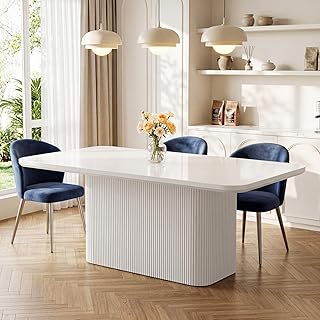 Tribesigns 63" White Dining Table with Fluted Pedestal, Modern Kitchen Table for 4-6 People, Dining Room Table for Dining Room, Kitchen, Living Room with 1.57" Thick Tabletop, Curved Edge