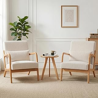 Mid Century Modern Accent Chairs Set of 2, Upholstered Corduroy Armchairs with Lumbar Pillows, Solid Rubberwood Frame for Living Room, Bedroom, Waiting Room, Beige