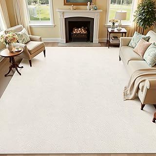 Ileading Washable Area Rug for Living Room 9x12 ft, Beige Soft Fluffy Tropical Leaf Carpet with Non Slip Backing, Low Pile Rugs for Bedroom Dining Room Indoor Home Office