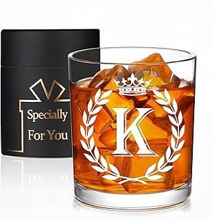 Personalized Whiskey Glasses Gifts for Men, Letter K Initial Whiskey Glass, Christmas Birthday Gifts for Men Husband Brother Dad, 10 OZ Old Fashioned Glass with Gift Box(Letter K)