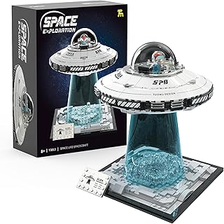 UFO Spaceship Building Block Set, Creative UFO&Alien Building Set, Space Exploration Spaceship Brick, Dual LED Lights and Transparent Base, Model for UFO Lover Collection,Gifts for Ages 8+