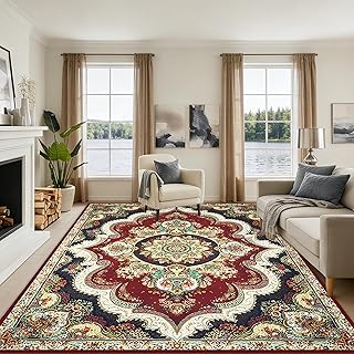 8x10FT Washable Area Rug for Living Room, Vintage Boho Floral Medallion Rug, Non-Slip Low Pile Indoor Carpet for Bedroom, Dining Room, Home Office(Red Black)