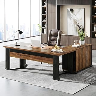 Tribesigns 70.86" L Shaped Executive Desk with Drawers, Large Computer Office Desk with Mobile File Cabinet and Storage Shelves, Modern Business Furniture Sets for Home Office (Rustic Brown)