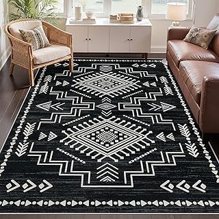 Joydeco Moroccan 5x7 Western Black and White Rugs for Living Room, Washable Soft Aztec Rug for Bedroom, Low Pile Distressed Modern Carpet for Dining Room Playroom Office Home Decor
