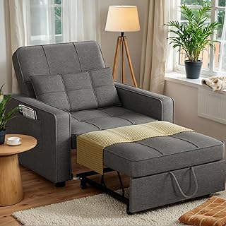 JUMMICO Sleeper Chair, 3-in-1 Convertible Sleeper Sofa Bed for Adults, Linen Fabric Pull Out Chair Bed with Adjustable Backrest, Couches for Living Room, Apartment, Office, Small Space (Dark Gray)