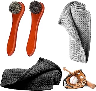 Arrowbash 4 Pcs Softball Glove Brush Kit with 6 in Wooden Horsehair Boar Bristle Brushes and 12 in Microfiber Waffle Towels Leather Glove Cleaner Care Accessories for Baseball Softball