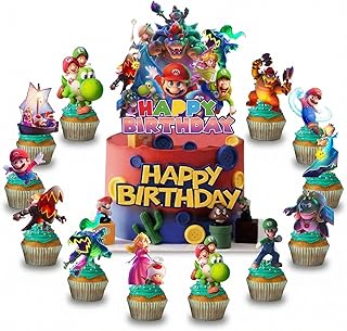 13Pcs Cute Mario Happy Birthday Cake Toppers Set with 12Pcs Cupcake Toppers, 1Pcs Happy Birthday Cake Topper, Cartoon Themed Birthday Party Supplies for Girls and Boys