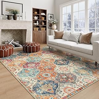 Lahome Moroccan 5x8 Area Rug, Ultra-Thin Washable Rugs for Living Room Bedroom, Soft Large Oriental Non-Slip Non Shedding Throw Large Carpet for Dining Room Office Elise, Cream/Multi