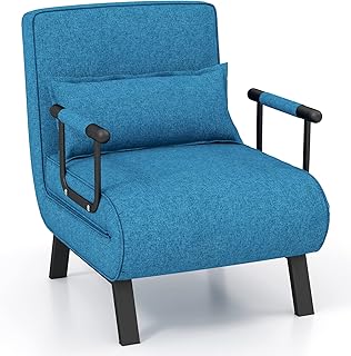 Giantex Convertible Sofa Bed, 4-in-1 Folding Sleeper Chair w/Pillow, Modern Recliner Guest Bed with 6 Positions Adjustable Backrest, Metal Legs, Linen Armchairs for Nursery Living Room Office (Blue)