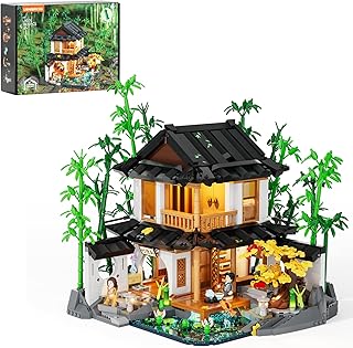 Bamboo-House Lighting Building-Bricks Set - Retro Chinese Bamboo Cabin and Treehouse Collection LED Light Set 2432 Pcs for Adults and Retro House Building Collectors