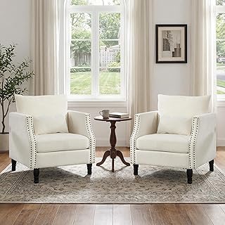 civama Linen Accent Chairs Set of 2 with Lumbar Pillow - Ergonomic Spring Support Upholstered Armchair, 300LBS Capacity, Nailhead Trim, Easy Assembly for Living Room Bedroom, Beige