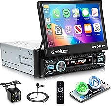 Single Din Car Stereo Touch Screen Flip Out Wireless Carplay Android Auto, 7 Inch Car Radio 1 Din with Bluetooth 5.1 FM Radio Mirror Link EQ/TF/USB/AUX Rear View Camera Steering Wheel Control