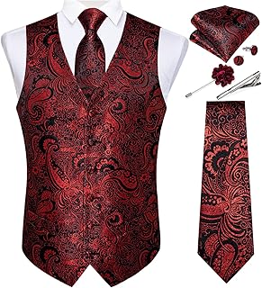 Mens Vest and Tie Set Formal Paisley Waistcoat and Necktie Pocket Square Cufflinks Silk Suit Vest for Tuxedo Wedding