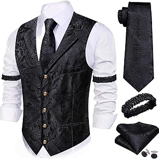Mens Silk Lapel/Shawl Collar Vest Tie Sleeve Holder Set Formal/Casual Paisley Vests Wedding Tuxedo Waistcoat