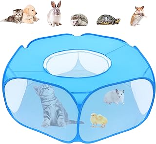 Small Animal Playpens with Top Cover, Foldable Breathable Small Pets Cage Tent Outdoor Indoor Portable Play Pen for Guinea Pig Hedgehog Hamster Cat Rabbit Bunny Puppy Ferret Rat Chicks (Blue)