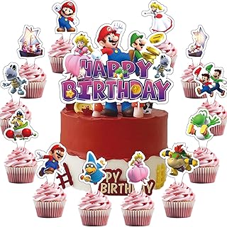 13Pcs Mario Galaxy Cake Topper Set, 1 Happy Birthday Cake Toppers and 12 Cupcake Toppers, for Mario Birthday Parties and Movie Themed Party Supplies.