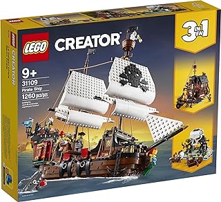 Creator 3 in 1 Pirate Ship Building Set, Kids can Rebuild The Pirate Ship into an Inn or Skull Island, Features 4 Minifigures and Shark Toy, Makes a Great Gift for Kids Ages 9+ Years Old, 31109