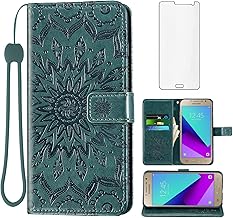 Phone Case for Samsung Galaxy Grand Prime J2 Prime Wallet with Tempered Glass Screen Protector and Leather Flip Cover Card Holder Stand Cell Accessories Glaxay GrandPrime J2Prime Women Men Dark Green