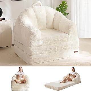 MAXYOYO Folding Sofa Bed, 2 in 1 Convertible Sofa to Lounger Comfy Single Bean Bag Chair for Adults, Floor Couch with Handle, Faux Fur Couch Bed for Living Room Bedroom, Beige
