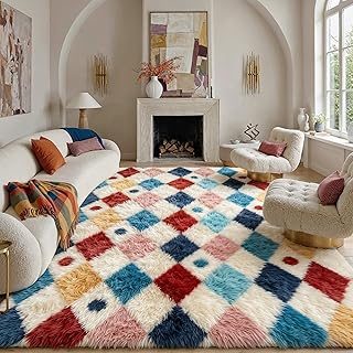 PureCozy Checkered Rug 8x10 Fluffy Shag Living Room Colorful Area Rug Modern Washable Carpet Soft Shaggy Non Slip Indoor Plush Fuzzy Rugs for Bedroom Dorm Office Home Aesthetic Decor
