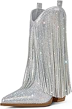 Ouepiano Cowboy Boots for Women - Cowgirl Rhinestone Boots with Sparkly Fringe Pointed Toe Western Boot Chunky Heel Pull-On Wide Calf Botas Vaqueras