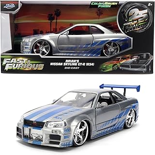 Toys Fast & Furious 1:24 Scale Anniversary Edition 2002 Nissan Skyline GT-R (BNR34) Die-Cast Car with Brush Metal Finish – Collector Hobby Exclusive