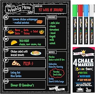 CHALKY CROWN Magnetic Dry Erase Menu Board for Fridge Includes 4 Liquid Chalk Markers - Weekly Meal Planner Blackboard, Grocery List & Notepad for Kitchen Refrigerator - Chalkboard Magnet 15.6" x11.6