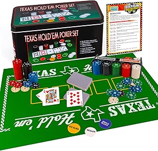 Gamie Texas Holdem Poker Game Set - Includes Hold’em Mat, 2 Card Decks, Chips, Chip Holder and Tin Storage Box - Fun Game Night Supplies - Cool Casino Gift for Kids & Adults