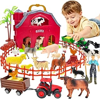 BOLZRA Farm Animals Big Red Barn Toy for 1 2 3 4 5 Years Old Toddlers, Kids Farm Figures Fence Playset with Tractor, Preschool Montessori Learning Toys, Christmas Birthday Easter Gift for Boys Girls