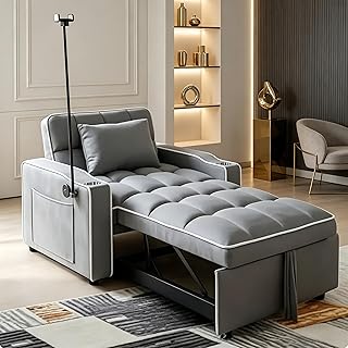 4 in 1 Sleeper Chair, Velvet Pull Out Chair Sleeper with Bracket and Cup Holder, Chairs Bed Sleepers with USB Port for Adults, Sofa Bed Chairs for Small Spaces, Living Room, Gray