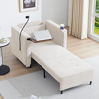 LEVNARY 3-in-1 Convertible Chair Pull Out Bed, Single Sofa Chair Sleeper for Adults with Hidden Side Table, Modern Chenille Fabric Armchair for Bedroom Dorm Home Office (Beige)