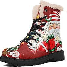 Winter Boots for Women, Custom Christmas Boots Santa Claus Print Ladies Fur Lined Lace up Ankle Boots Comfortable Warm Winter Snow Shoes Outdoor Christmas Gift