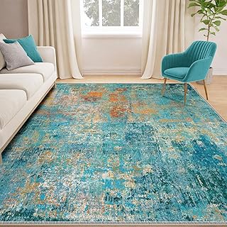 RELEANY Washable Area Rugs 5'x7' Non-Slip Modern Abstract Soft for Living Room Entryway Bedroom Nursery, Print Pattern, Teal Blue Green Orange Rust Red Coloreful
