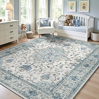 RELEANY Area Rugs 5'x7' Washable Non-Slip, Floral Vintage Distress Medallion Carpet for Living Room Bedroom Dining Room, Light Blue Navy Gray White
