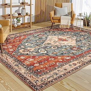 Lahome Boho Tribal 8x10 Area Rugs for Living Room, 8 x 10 Washable Rug for Bedroom Aesthetic, Large Oriental Vintage Soft Dining Room Carpet for Under Table Playroom (Rust/Dull Teal,8x10ft)