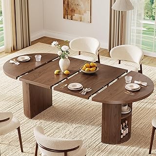 ONBRILL 41-78 Inch Extendable Dining Table for 4-8, Fluted Expandable Kitchen Table with Storage, 2 Leaf, Mid Century Modern Oval Dinner Tables for Dining Room, Kitchen, Living Room, Walnut