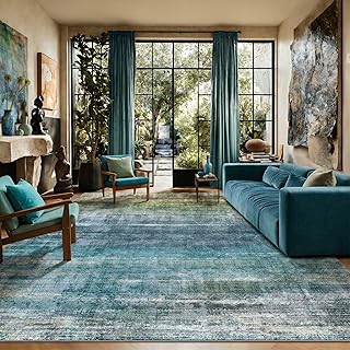 Kokia Abstract Teal Area Rugs 9x12 Bedroom Washable Decor Low Pile Non-Slip Non-Shedding Indoor Carpet Foldable Stain Resistant Floor Living Room Dining Room, Blue and Green