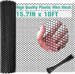 Plastic Mesh Fence Sheet 15.7IN x 10FT - 0.3IN Opening Plastic Chicken Wire Netting Roll Durable for Dogs, Poultry, Puppy, Garden Snake Barrier with 50 Pcs Zip Ties - Black