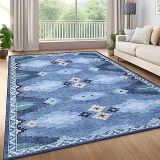 8x10 Washable Area Rug for Living Room Non Slip Modern Geometric Large Bedroom Rugs Stain Resistant Mid Century Dining Room Throw Carpet Soft Boho Tribe Area Rugs for Nursery Home Office, Blue