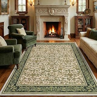 GarveeHome 5x7 Washable Area Rugs for Living Room, Boho Vintage Rug Non Slip Low Pile Stain Resistance Indoor Soft Large Throw Carpet for Bedroom Dining Room Office Light Green