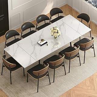 62.9"-94.4" Modern Extendable Dining Table for 6 to 10 Seats, Rectangular Sintered Stone Table with High Hardness and Easy Maintenance for Dining Room Family Gathering, White Top