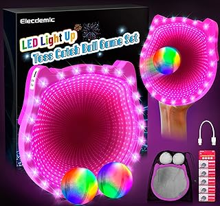 3D LED Light Up Toss Catch Ball Game Set Toys for Back Yard Outdoor Party Favors Glow in Dark Sticky Paddle Baseball Gift Age 5 6 7 8 9 10 11 12 Years Old Girls Boy Kid Family Adult