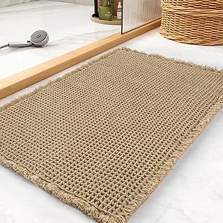 tchdio Waffle Bath Mat Rug, Super Absorbent Non Slip Bath Mats Ultra Soft Bathmat Machine Washable Bathroom Rugs with Tassels, Bath Rugs for Bathroom Floor Beside Tub, 17" x 24", Brown